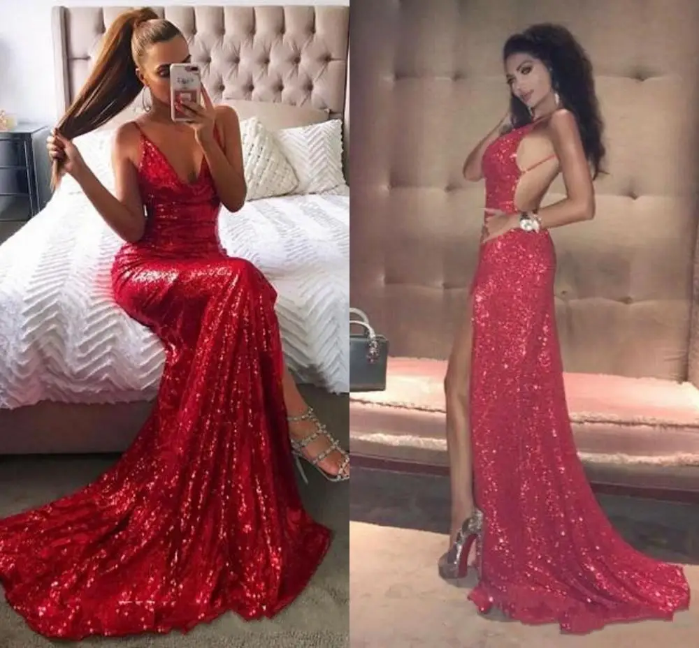 

2024 Sexy Backless Red Sequined Prom Dresses Mermaid Spaghetti Straps V Neck Long Split Evening Party Gowns vestidos de noiva