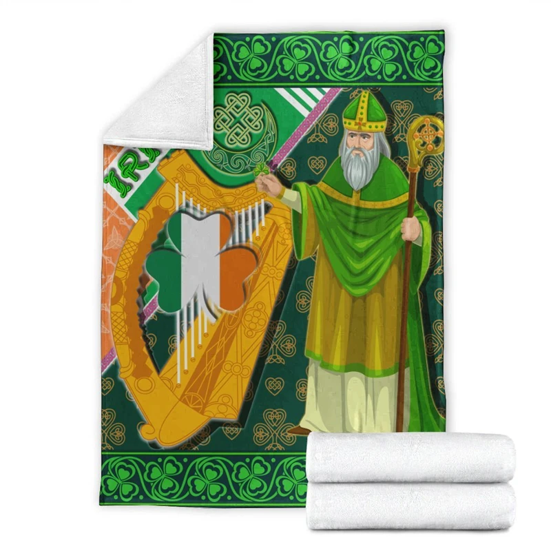Saint Patrick with Shamrock and Traditional Harp Flannel Blanket 3D Kids Quilt Home Life Travel Airplane Portable Throw Blanket image 5