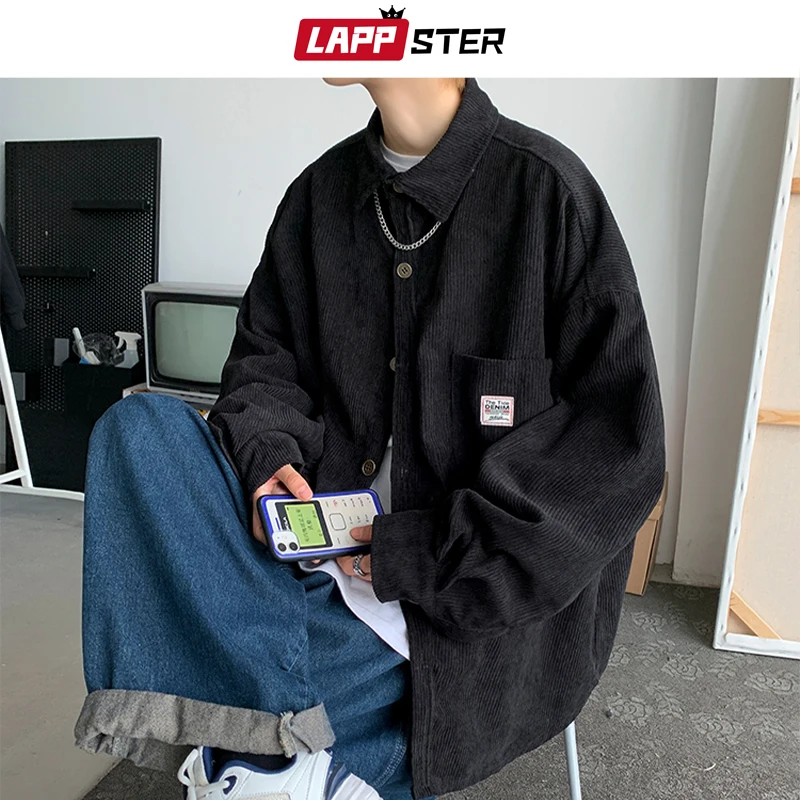 LAPPSTER Men Corduroy Vintage Autumn Shirts 2023 Mens Korean Fashion Harajuku Shirts Male Oversized Streetwear Colorful Shirts