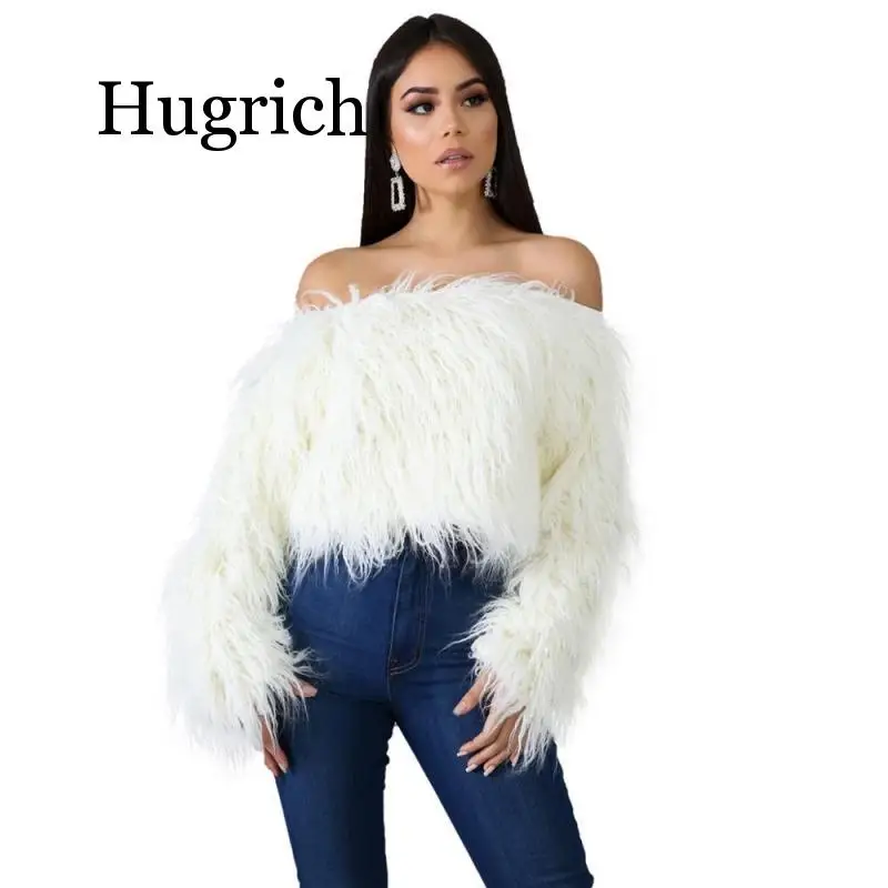 2020 Women Sexy Off Shoulder Faux Fur Crop Top Changing Color Slash Neck Long Sleeve Sweater Fashion Tops Warm Winter Jumper