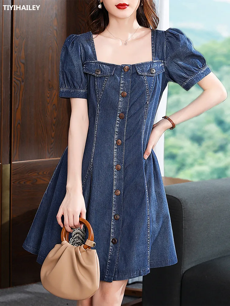 

TIYIHAILEY Free Shipping Vintage Women Short Mini Summer Denim S-XL Short Sleeve Dress High Waist Embroidery Single Breasted