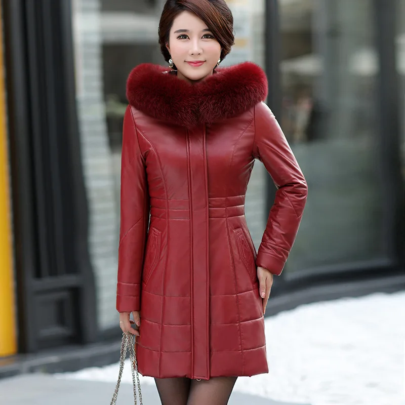 L-8XL New Women\'s Down Coat Leather Outerwear Winter 2023 Fashion Mother Thicken Warm Fur Collar White Duck Down Jacket Female