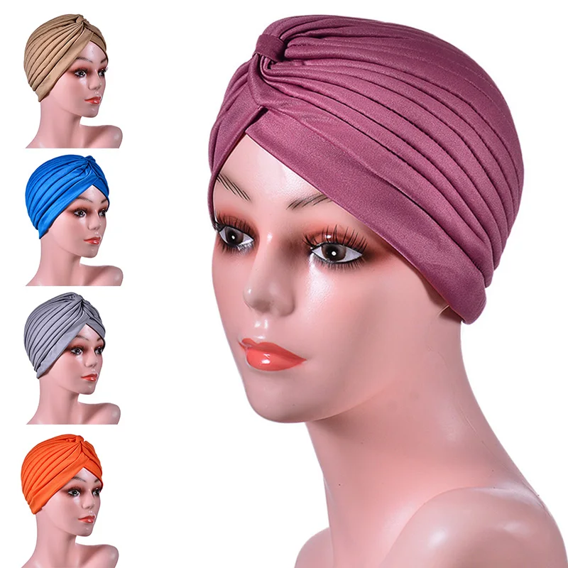 

Women Bandanas Stretchy Turban Muslim Hat Headband Warp Female Chemo Hijab Knotted Indian Cancer Treatment Cap Forehead Cross