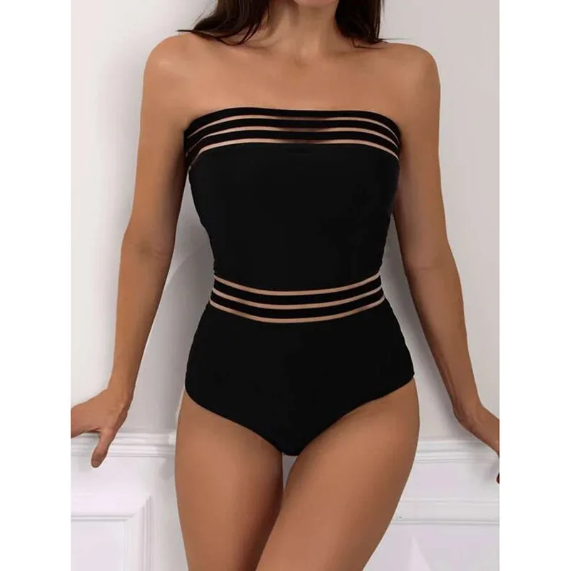 2024 One-piece Swimsuit Solid Color Women Jumpsuit Sexy Mesh Beach Bathing Swimsuits Removable Shoulder Strap Halter Swimsuits