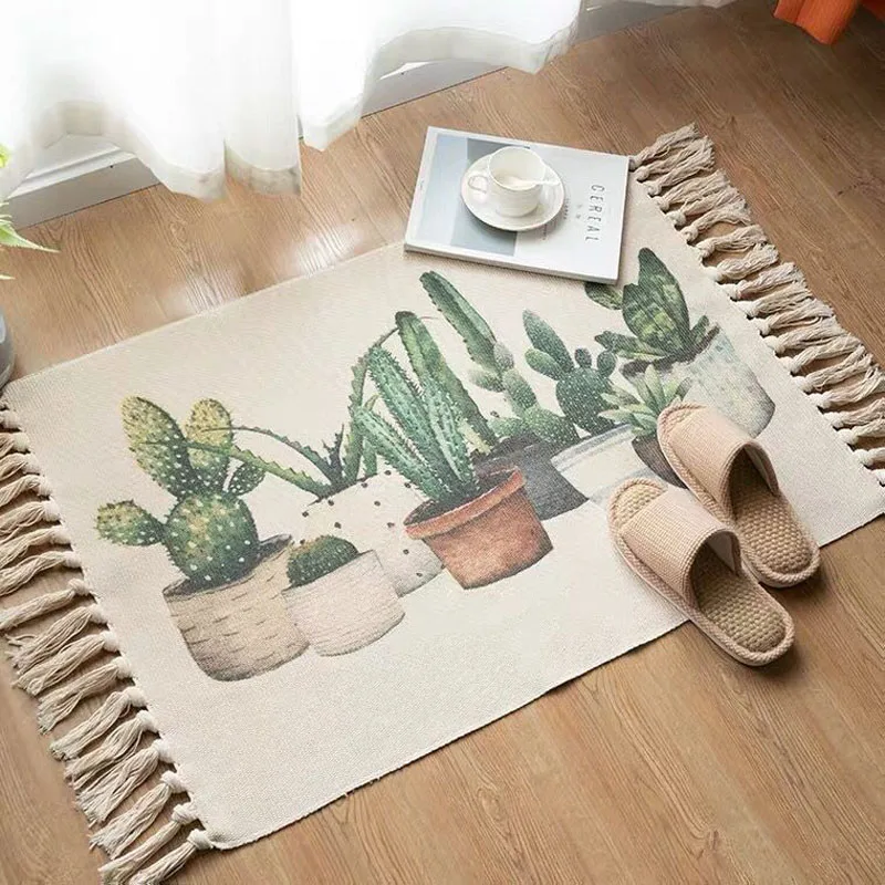 Cotton Linen Household Carpet Rectangle With Tassels Vintage Style Floor Carpet Bay Window Balcony Decoration Carpet 60x90cm