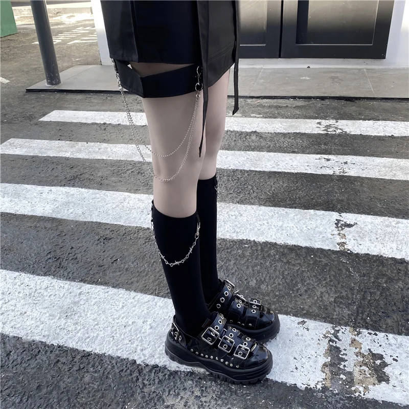 Y Demo Harajuku Thin Mid Calf Socks Women Casual Techwear Thorn Chains Sock