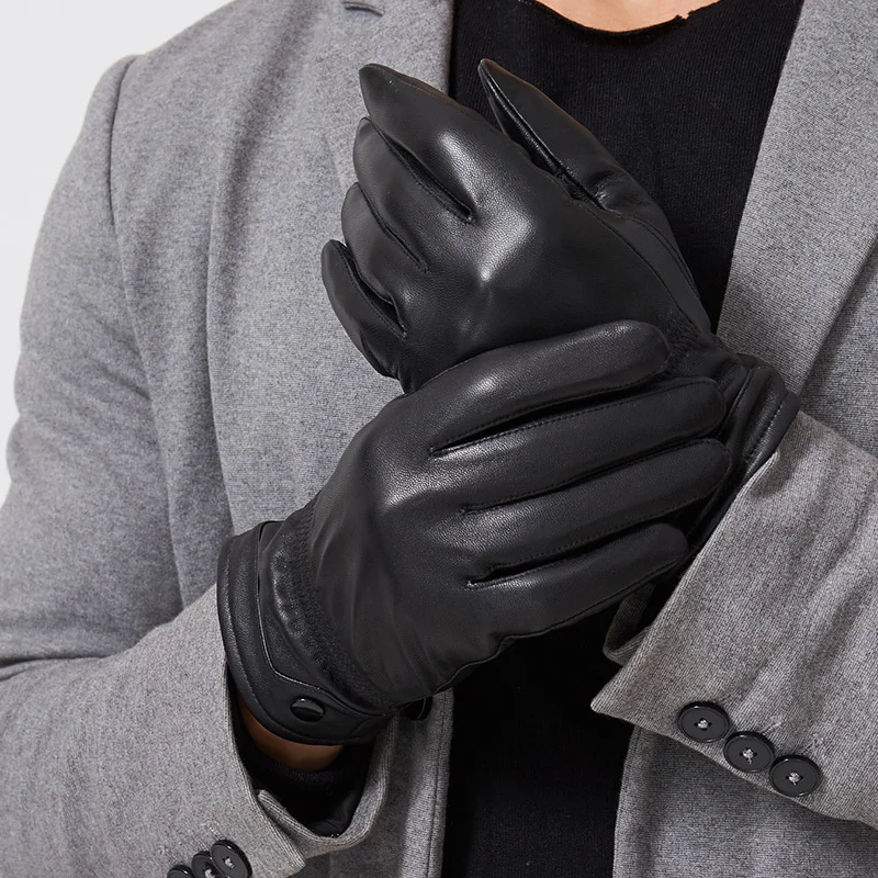 Real Classic Leather Gloves Men Winter Full Fingers Touch Screen Sheepskin Gloves Male New Warm Gloves Mitaine SQQ378