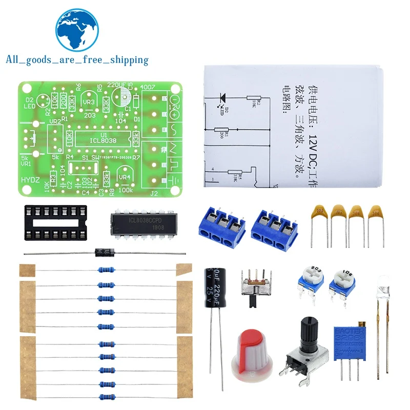 1Set ICL8038 Monolithic Function Signal Generator Module DIY Kit Sine Square Triangle Frequency Generator Capacitor Inductor