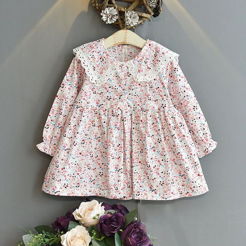 

Spring Autumn Girls' Dress Pastoral Lace Lapel Flora Long Sleeve Sweet Princess Dress Korean Style Baby Kids Children'S Clothing