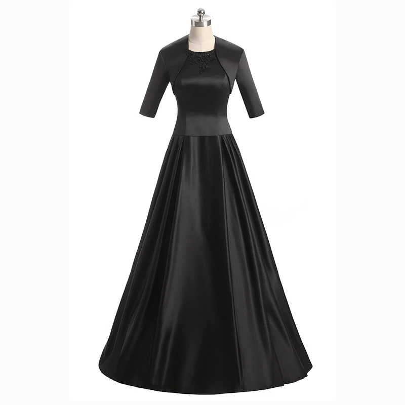 Vestido de satén negro con cuentas para fiesta de boda, prenda de longitud hasta el suelo, con chaqueta, hecho A medida