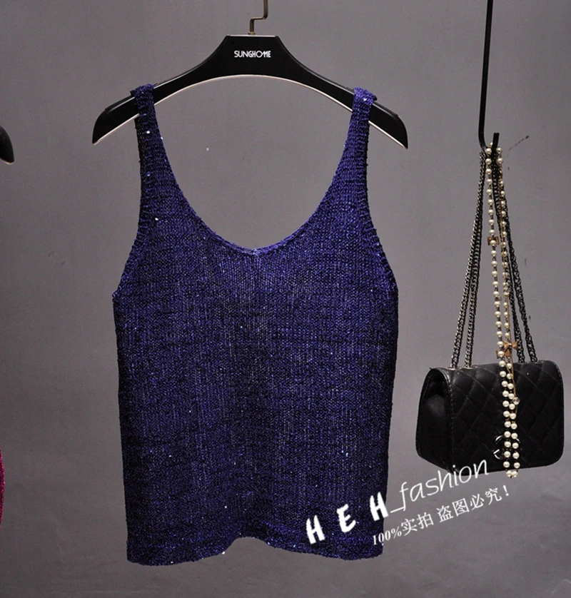 Spring and Summer of 2024 The New V-neck Condole Belt Knit Sequined Vest Outside The Joker Sleeveless T-shirt Top Coatt