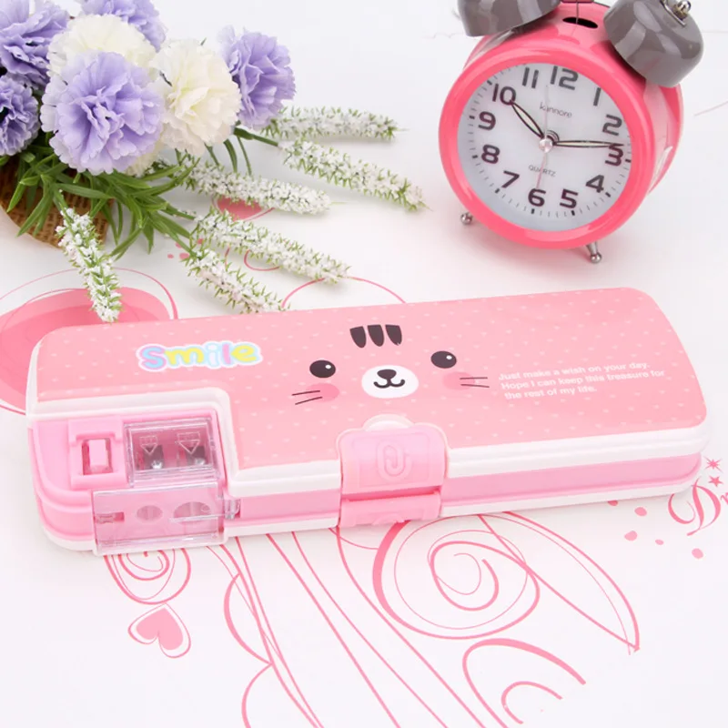 1Pcs Cute simple multi-function pencil case double-layer pencil box plastic storage box learning stationery office supplies