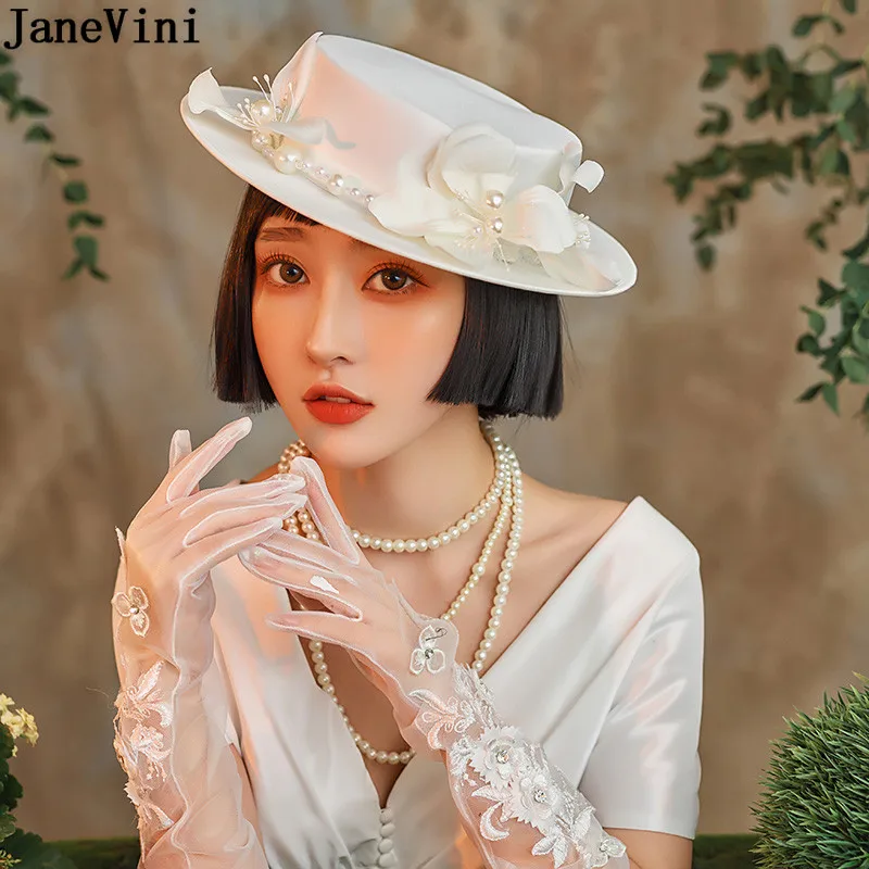 JaneVini 2021 New Women Wedding Formal Hats Pearls Handmade Flowers Vintage Elegant Church Party Dress Banquet Hat Accessories