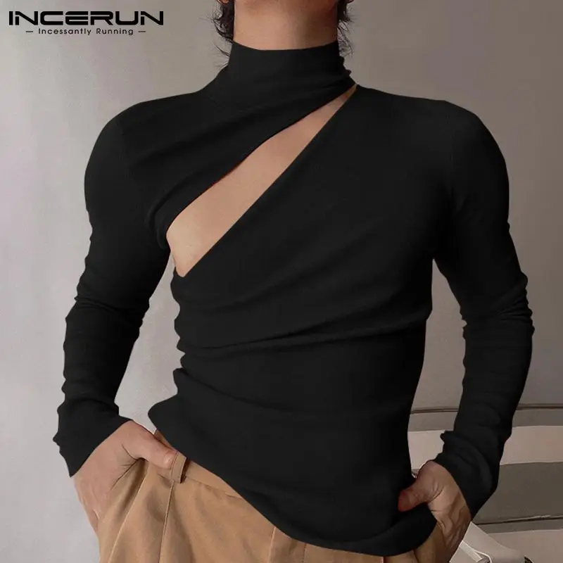 Fashion Men T Shirt Solid Turtleneck Long Sleeve Streetwear 2023 Hollow Out Casual Men Clothing Fitness Camisetas INCERUN 5XL 7