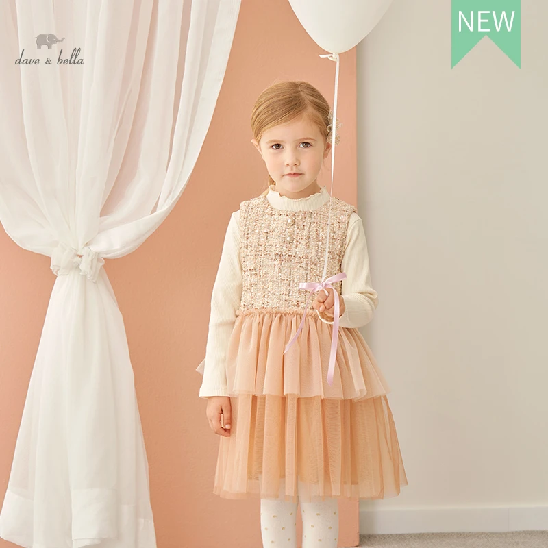 

DKY19586-K dave bella autumn girl's fashion letter solid print draped dress children sweet dress kids infant lolita clothes