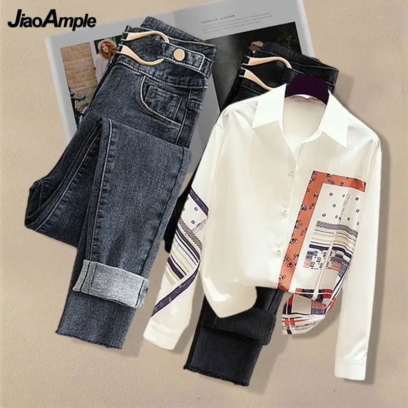 2024 Spring Autumn New Printed Shirt Denim Trousers Suit Women's Blouse Jeans Two-piece Korean Fashion Elegant Clothes Pants Set