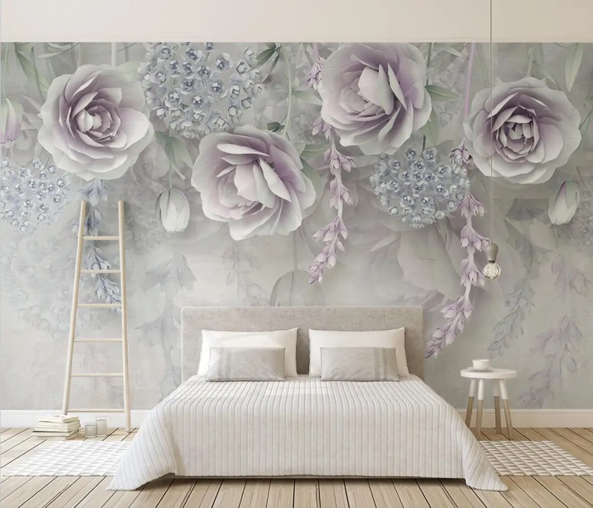 papel de parede Nordic hand-painted oil painting retro white floral mural living room TV background wall custom wallpaper