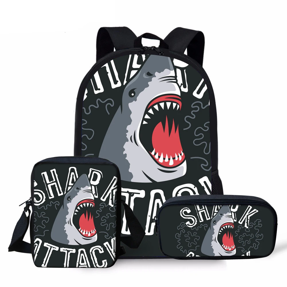 3Pcs 2025 Cartoon Shark Print Child School Backpack Primary Student Shoulder Bag Pencil Bag Kid Daily Satchel