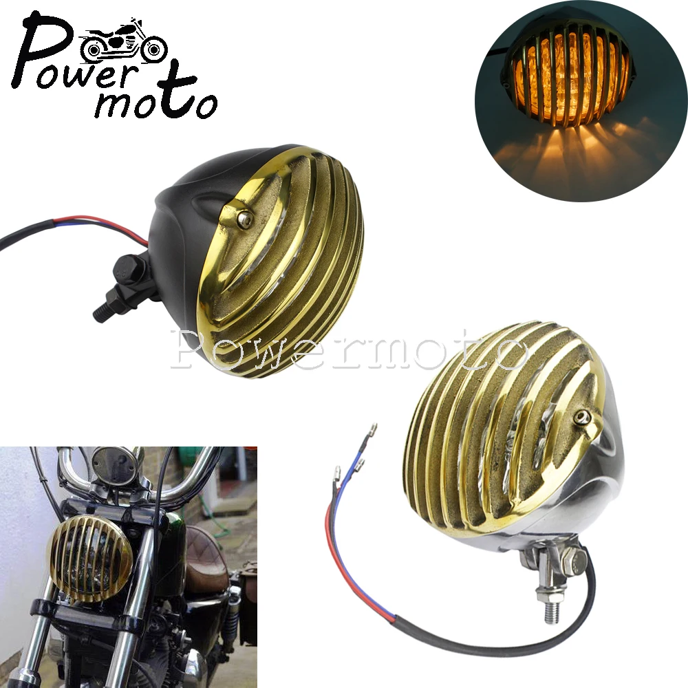 

Retro Motorcycle 5" H4 Bulb Finned Grill Headlight Brass Headlamp For Harley Chopper Bobber Cafe Racer Sportster XL 883 XS650