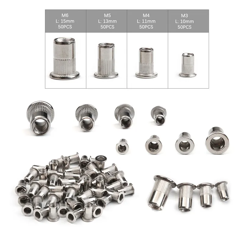 200/50 PCS Stainless Steel Flat Head Rivet Nuts Set M3 M4 M5 M6 Insert Reveting Multi Size Stainless Steel Rivet Nut Set