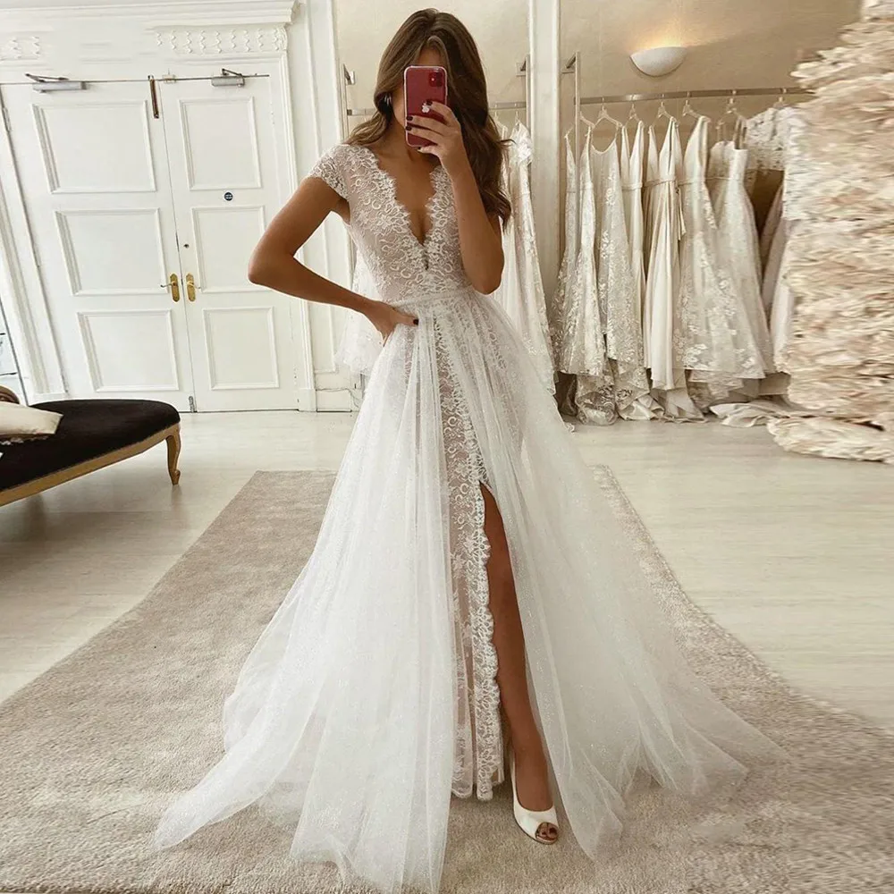 

Sexy Lace Mermaid Wedding Dresses with Train Cap Sleeve V neck Boho Bridal Gowns Plus Size Vintage Wedding Gowns High Slit