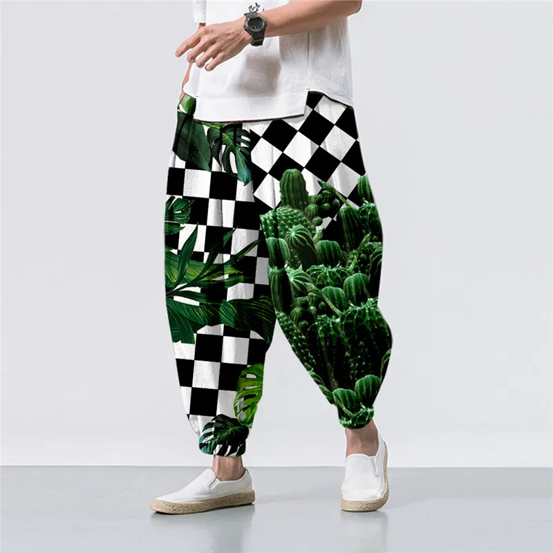 

Oversize 6XL Summer Plaid Cactus Printed Casual Beach Harem Pants Men Hip Hop Nine Points Trousers Jogger Sweatpants