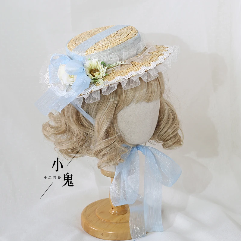 Lolita Flat Hat Elegant Fairy Lace Han Yang Eclectic Billycock Female Tea Party Flower Wedding Travel Straw Hat