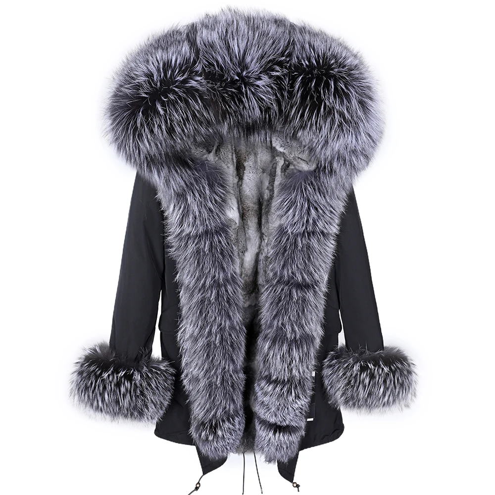 2024 Maomaokong New Winter Women's Fur Natural Real Rabbit Fur Lining Silver Fox Fur Collar Warm Parka Coat Black Long Coat