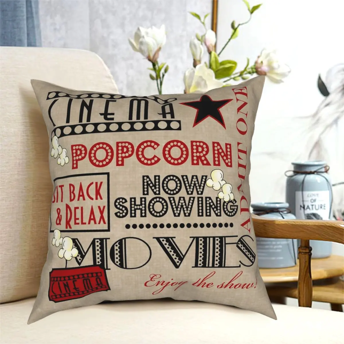 Movie Theater Cinema Admit One Ticket Square Pillowcase Pattern Zip Decor for Home Cushion Cover