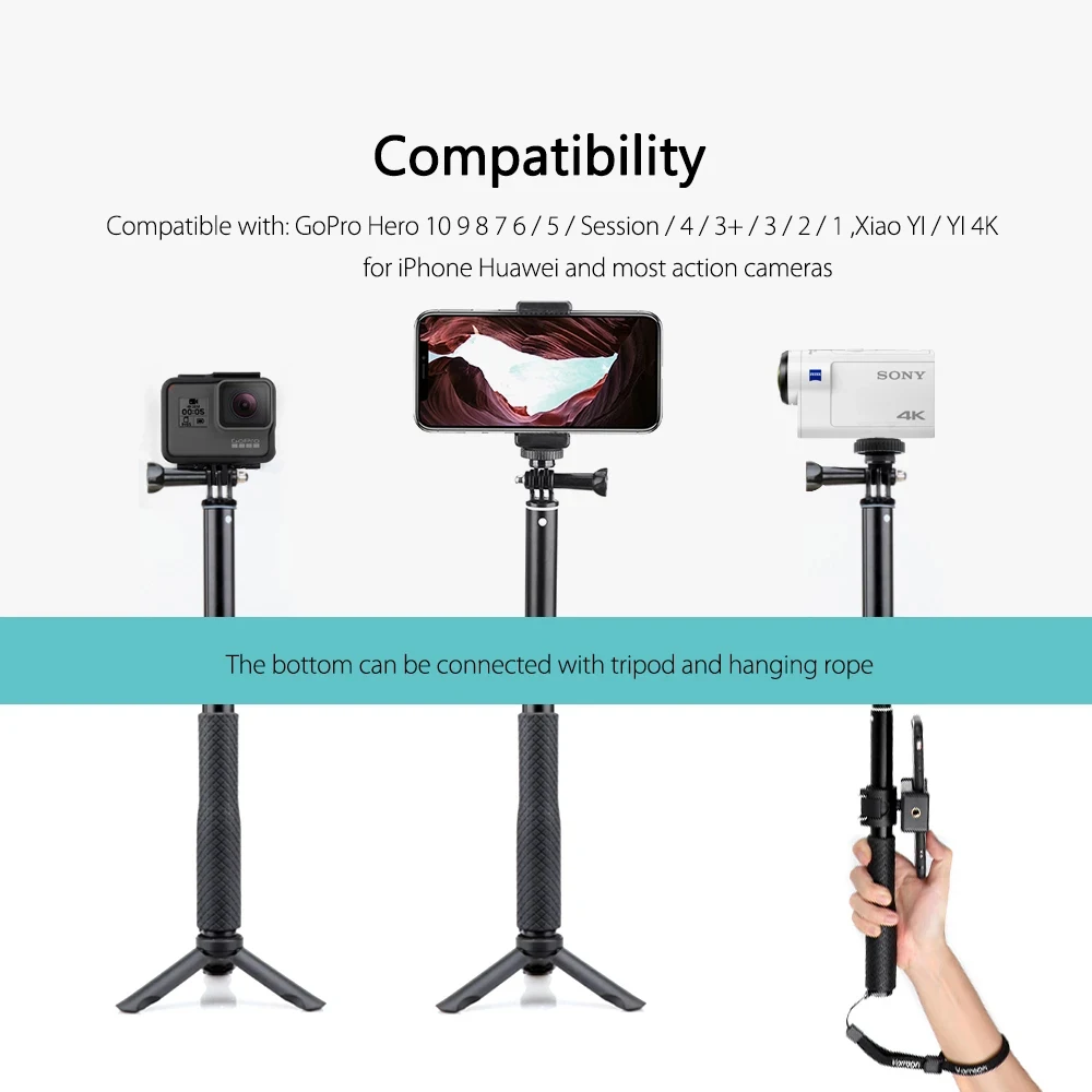 Vamson for Gopro Accessories Tripod Monopod Adjustable Selfie Stick for GoPro Hero 8 7 6 5 for Xiaomi Yi SJCAM for Phone VP422