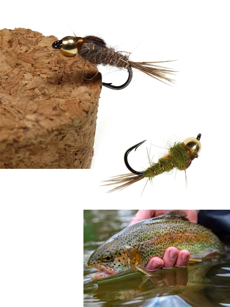 6 stuks # 14 Brass Bead Head Hare's Ear Nymph Fly Snel Zinkende Natuurlijke Fazantenstaart Natte Vliegen Forel Baars Grijze Vlieg Vliegvis Aas - afbeelding 2