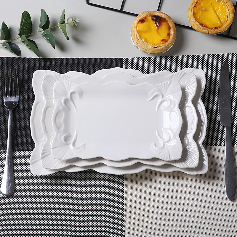 7'' 9'' 11'' Ginkgo Flower Stamped Ceramic Dinner Plate Rectangle Porcelain Gourmet Serving Tray Banquet Tableware Main Course