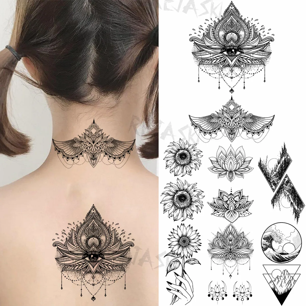 Tatouages Temporaires Pendentif Mandala pour Femme Adulte, Faux Tatouage, Tournesol, Géométrique, Montagne, Mer, Dos, Cou, Transfert d'Eau