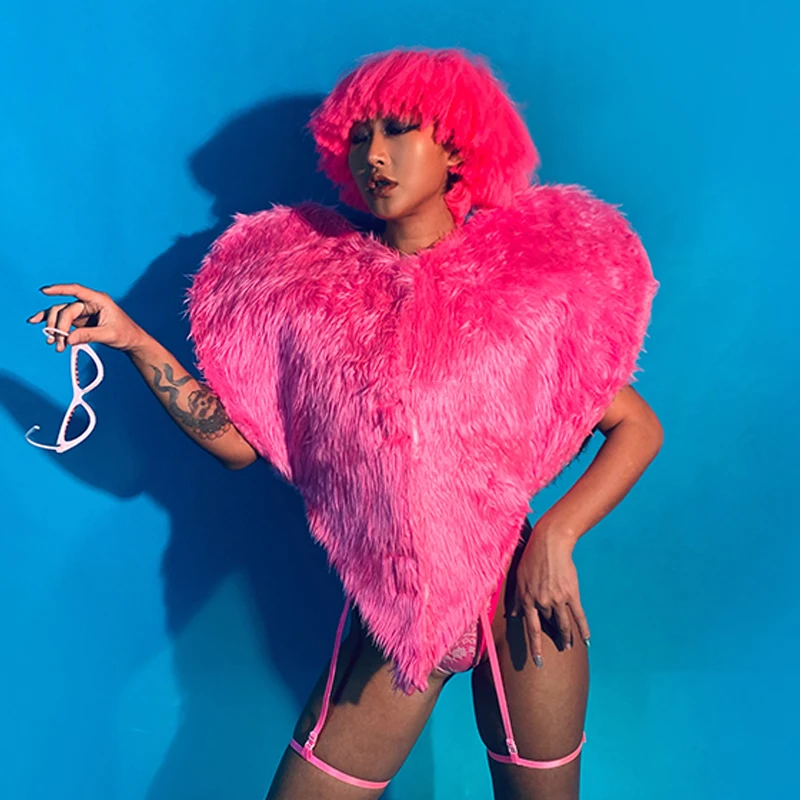 Gogo Ds Dancing Costume Pink Plush Coat Bikini Suit Nightclub Dj Singer Dancer Performance Stage Clothing Rave Outfit VDB3632