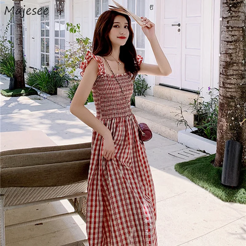 

Dress Women Mid-calf Lovely Female Summer Simple Plaids A-line Edible Tree Fungus Sleeveless Sundress Korean Style Maiden Sweet