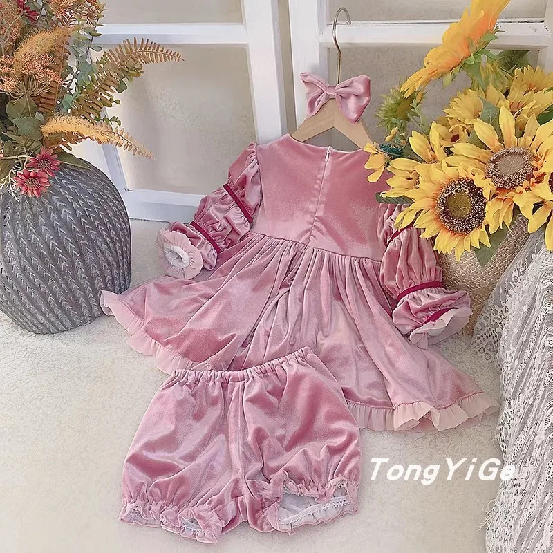 Baby girl winter vintage velvet beading princess dress kids bow puff sleeve court small fragrance birthday party lolita dress