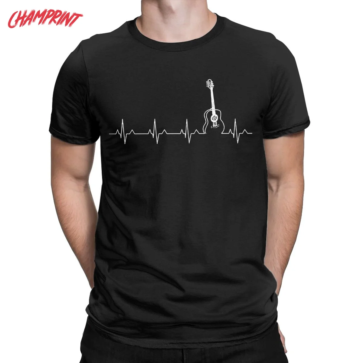 Casual Guitar Heart Beat Heartbeat T-Shirts for Men Crewneck Cotton T Shirt Music Short Sleeve Tees Plus Size Clothing