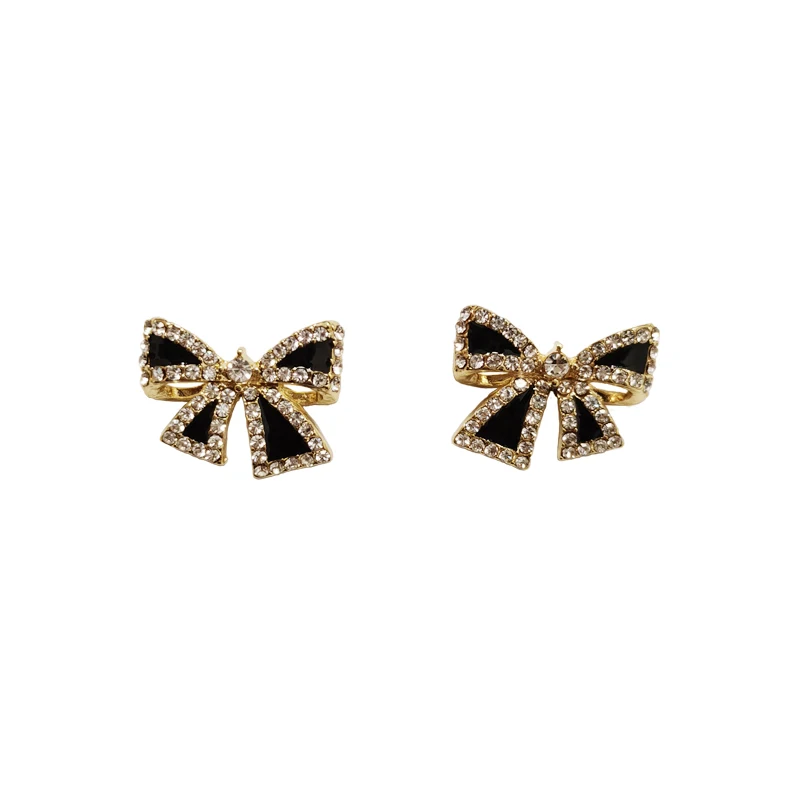 925 Sterling Silver Needle Flash Diamond Black Small Bow Earrings Women\'s Exquisite Light Luxury