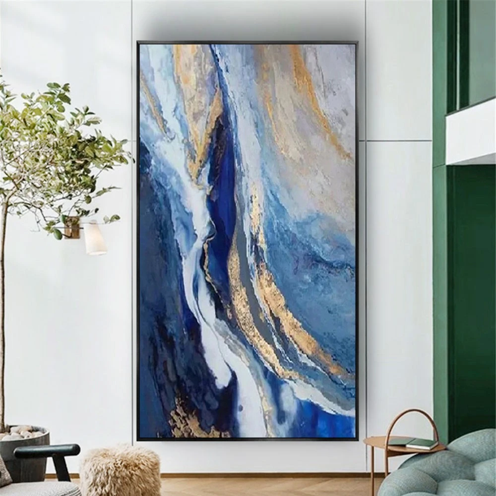 

Huge 100% Hand Pained Canvas Painting Wall Art Blue River Sea Picture Decor Living Room Hallway Home Pendant Artwork Mural