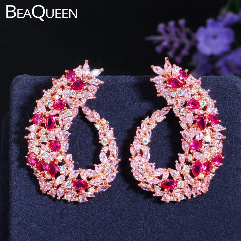 BeaQueen Rose Gold Hollow Teardrop Shape Earrings Marquise Cut Red CZ Statement Dangle Earrings Bridal Party Jewelry E235