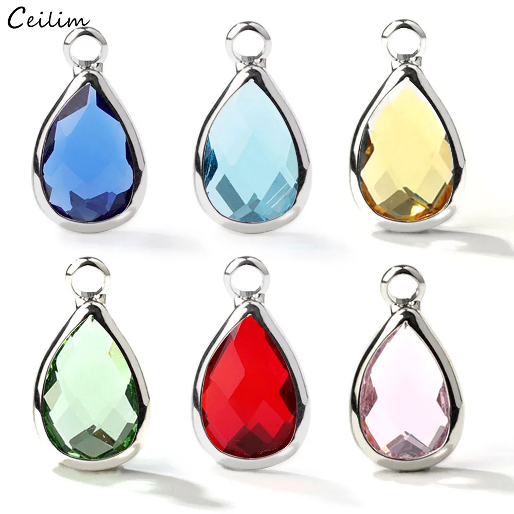 10pcs/Lot Crystal Birthstone Charms for Handmade DIY Bracelet Making Silver Plated Small Water Drop Pendants Jewelry Accessories