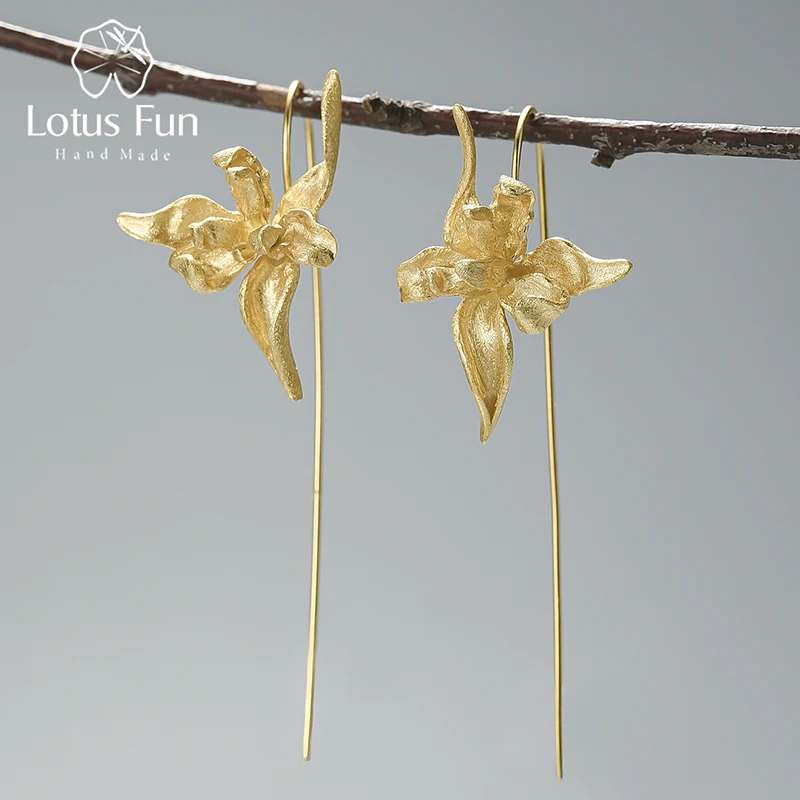 Lotus Fun Elegant Iris Flower Dangle Earrings Real 925 Sterling Silver 18K Gold Earrings for Women Gift Handmade Fine Jewelry