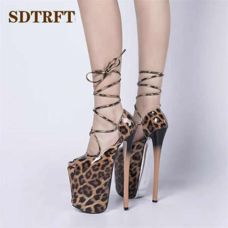 SDTRFT Pumps Ladies Platform Sandals Woman 22cm Thin High Heels Zapatos Mujer Stiletto Crossdresser Lace-Up Leopard Print Shoes