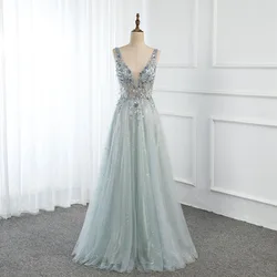 YQLNNE New Arrival Sexy Mint Long Prom Dresses V Neck Tulle Sequined Beaded Backless Formal Party Gowns