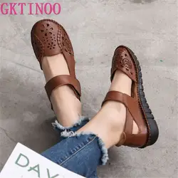 GKTINOO, Sandalias planas suaves transpirables de cuero genuino con agujeros, zapatos de verano para mujer, sandalias informales con correa y hebilla sólida para mujer