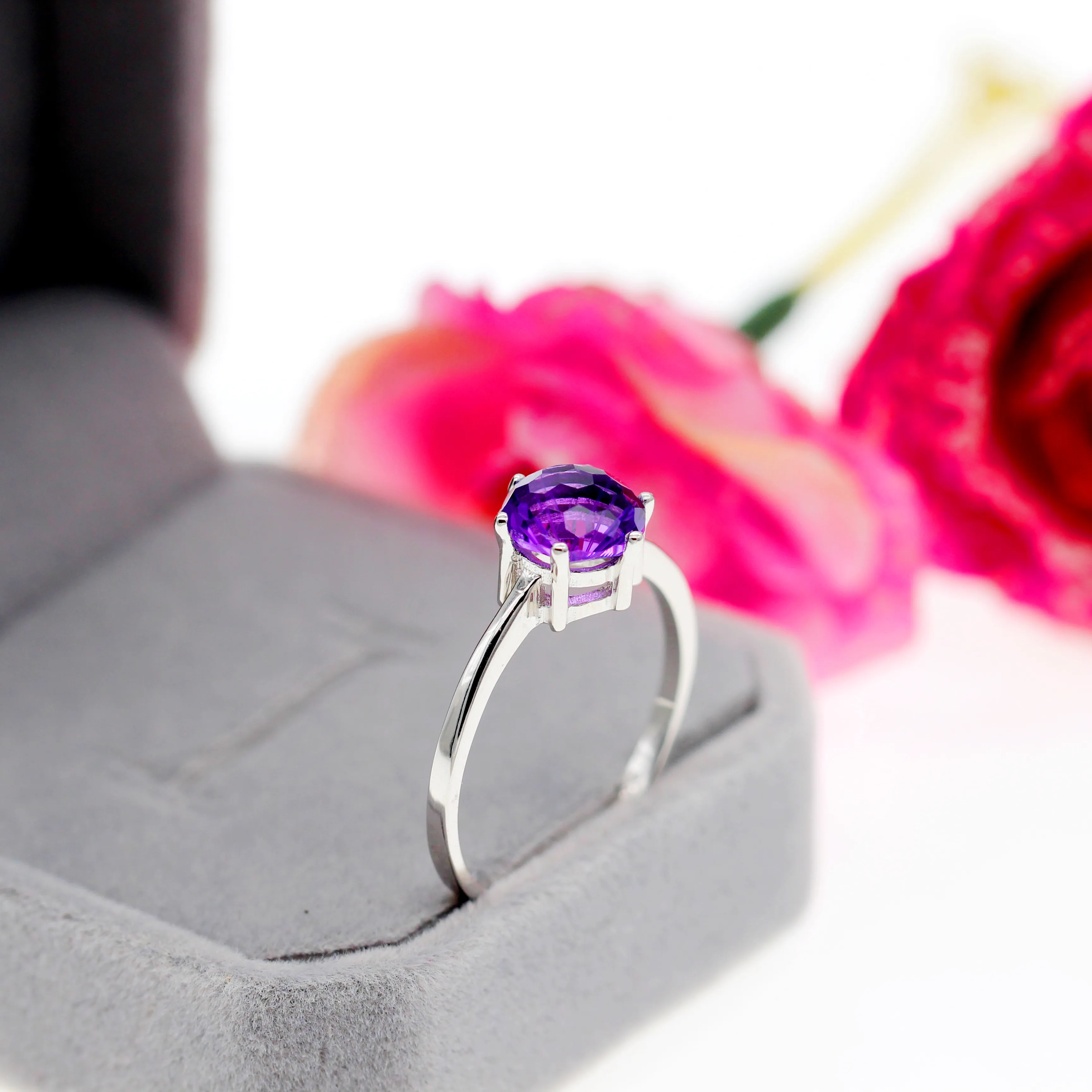 

US STOCK Uloveido Amethyst Solitaire Ring, 925 Sterling Silver, 8*8mm Certified Purple Gemstone Wedding Jewelry Women FJ201