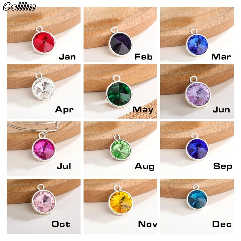 10Pcs Colorful DIY Ring Bangle Crystal Rhinestone 14MM Birthstone Charm Pendant For Birthday Gift Jewelry Accessories