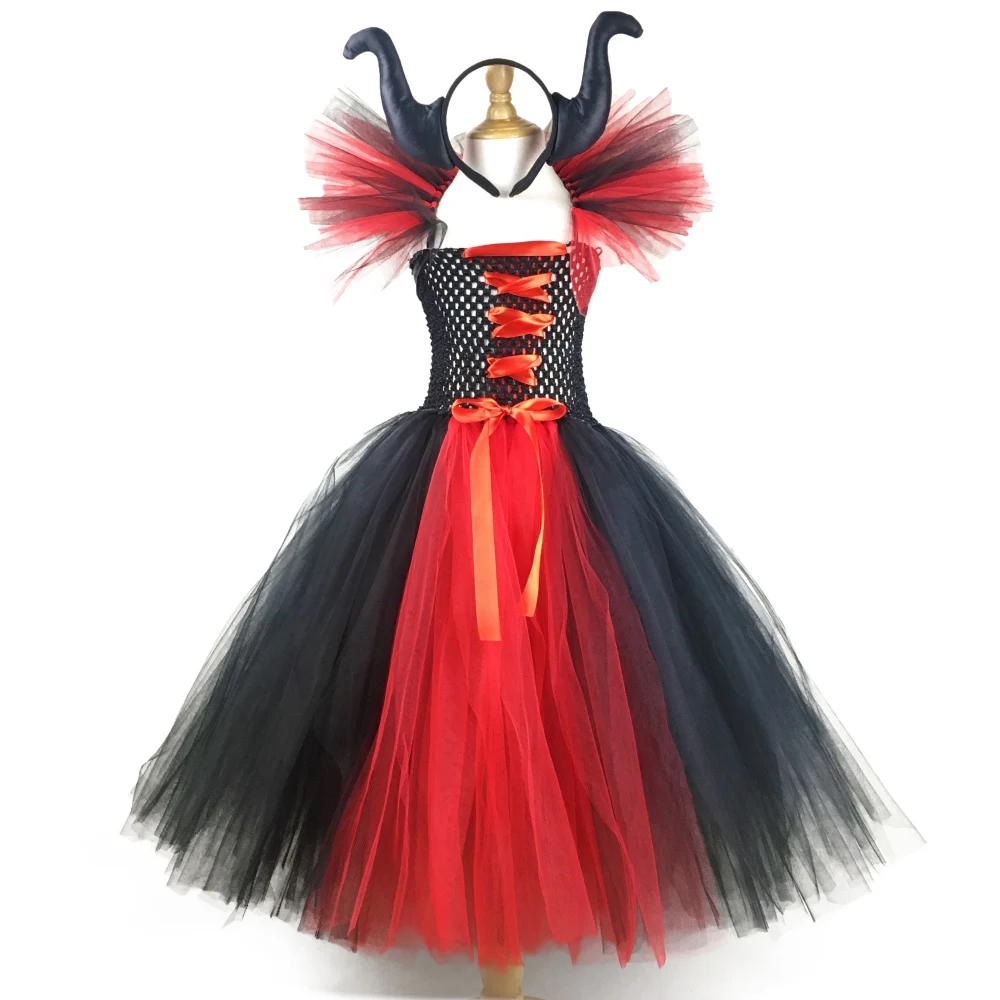 Girls Maleficent Black Red evil Queen Tutu Dress Kids Crochet Ribbon Dress Ball Gown with Hairbow Children Halloween Party Dress