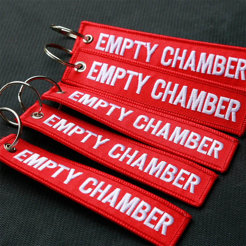 6 Pcs Empty Chamber Key Chains Aviation Safety Tag Indicator Red Double Sided Letter Embroidered Key Fobs Flags Loop Key Chain
