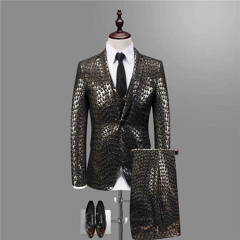 Luxury Baroque Suit Gold Blue Tuxedo Jacket+vest+pant Smoking Homme Costume Mariage Homme Party Wedding Stage Clothing 3XL